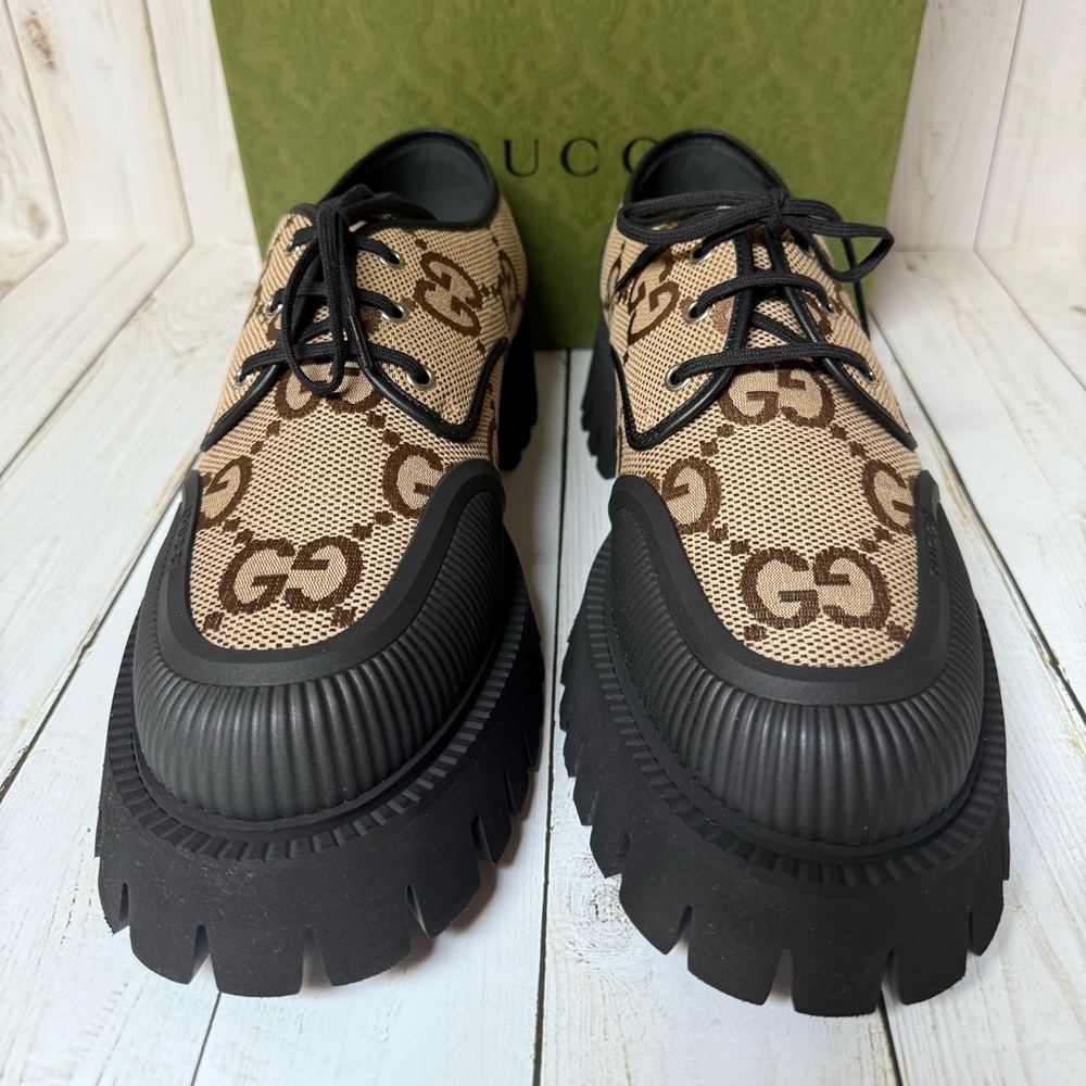 Gucci Monogram Jumbo Maxi GG Lace Up Derby Camel Ebony Black Sz 11G / 12US - Picture 5 of 12